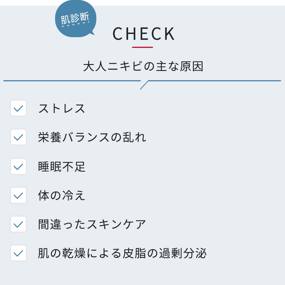 肌診断check 大人ニキビの主な原因　ストレス　栄養バランスの乱れ　睡眠不足　体の冷え　間違ったスキンケア　肌の乾燥による皮脂の過剰分泌
